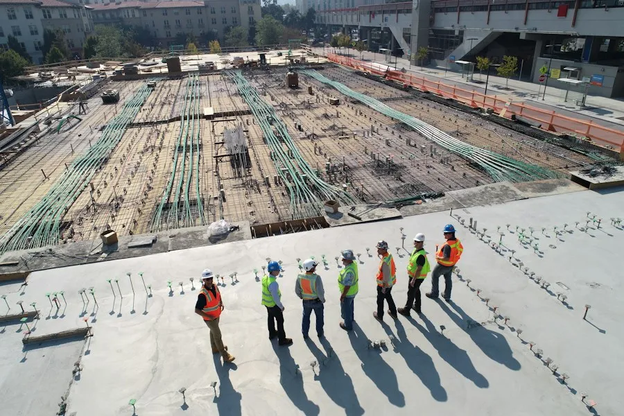 Equipo con casco y chaleco recorriendo una obra industrial