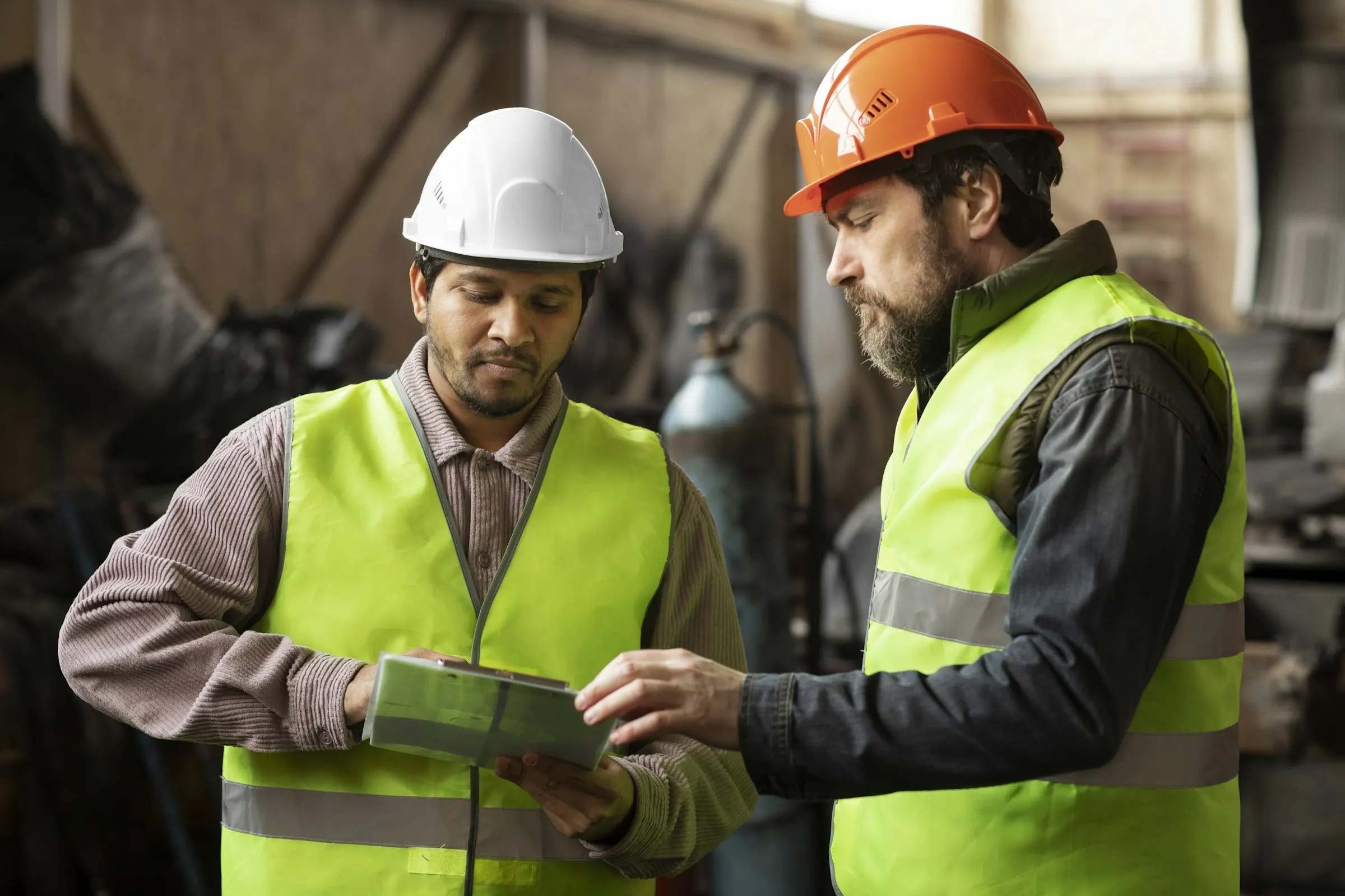 Dos técnicos revisan un plan de trabajo en una tableta dentro de la planta