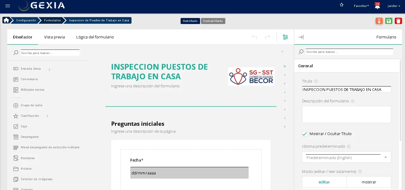 Diseñador de formularios de GEXIA con una inspección de puestos de trabajo