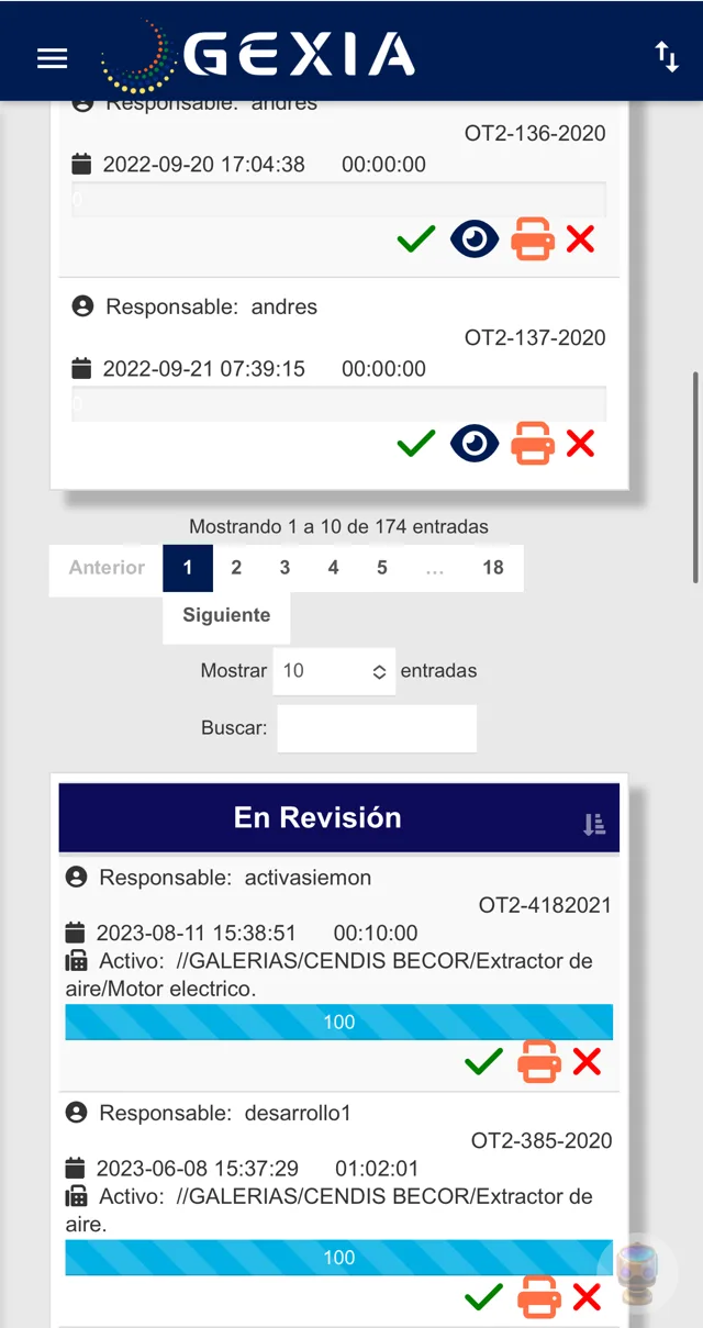 Órdenes de trabajo en la app móvil de GEXIA