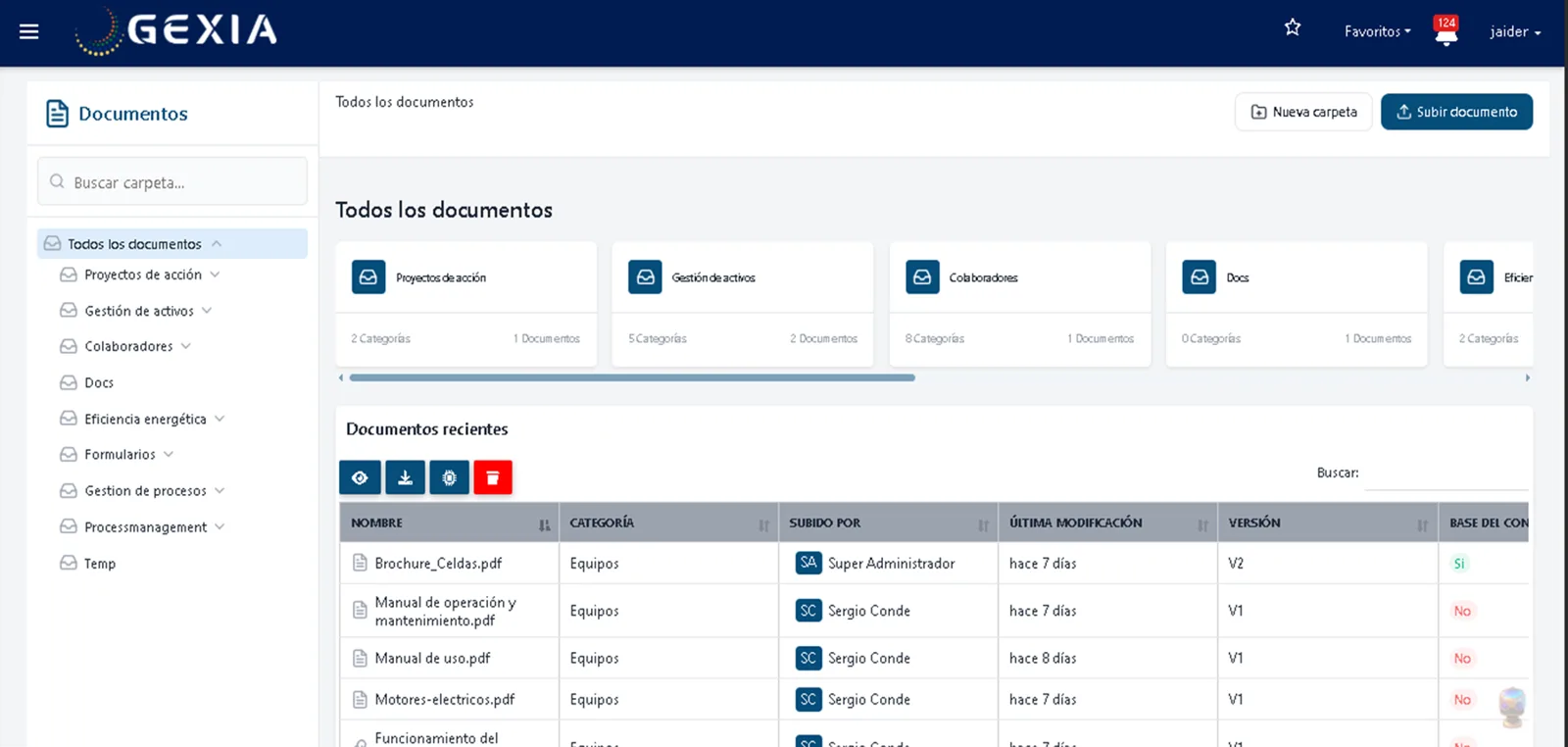 Repositorio de documentos organizado por carpetas en GEXIA