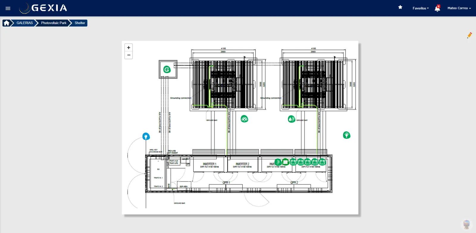 Sensores ubicados sobre el plano de una instalación en GEXIA